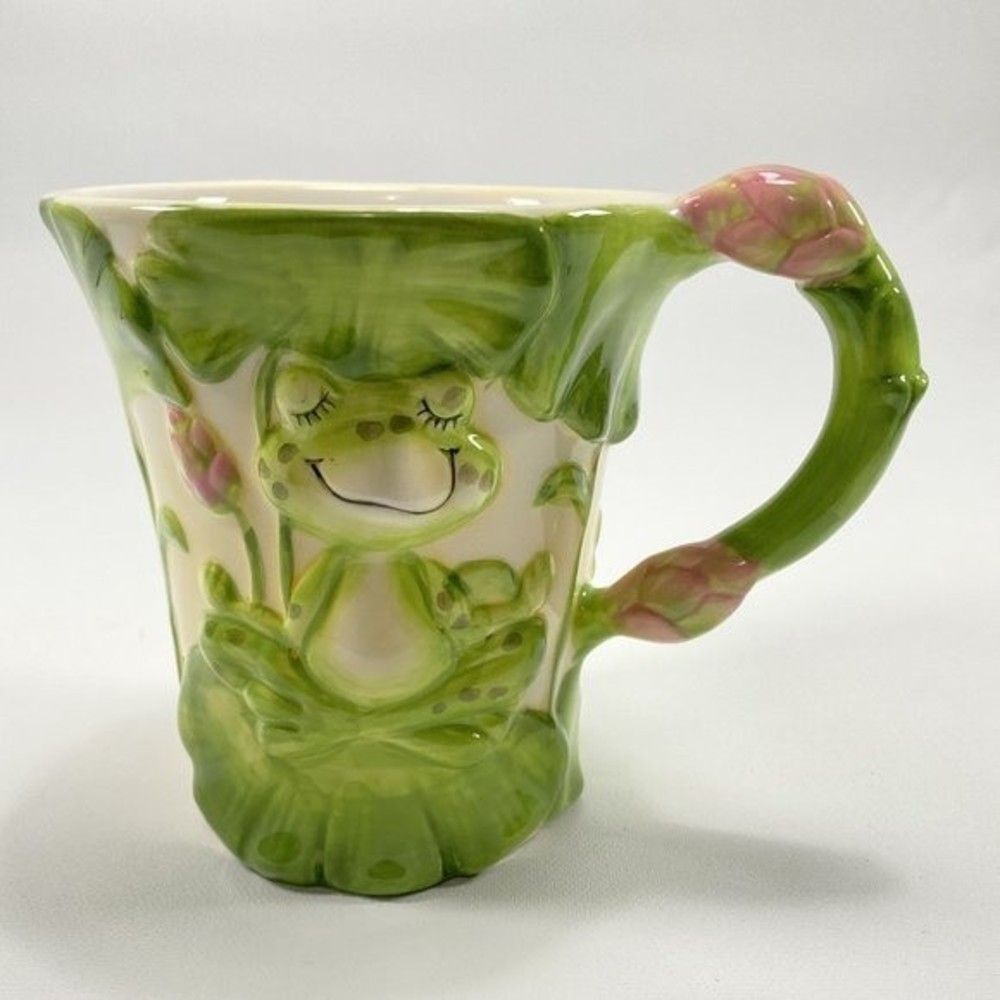 Pier 1 Imports Meditating Frog Mug Embossed Cup Yoga Frog Hand Painted